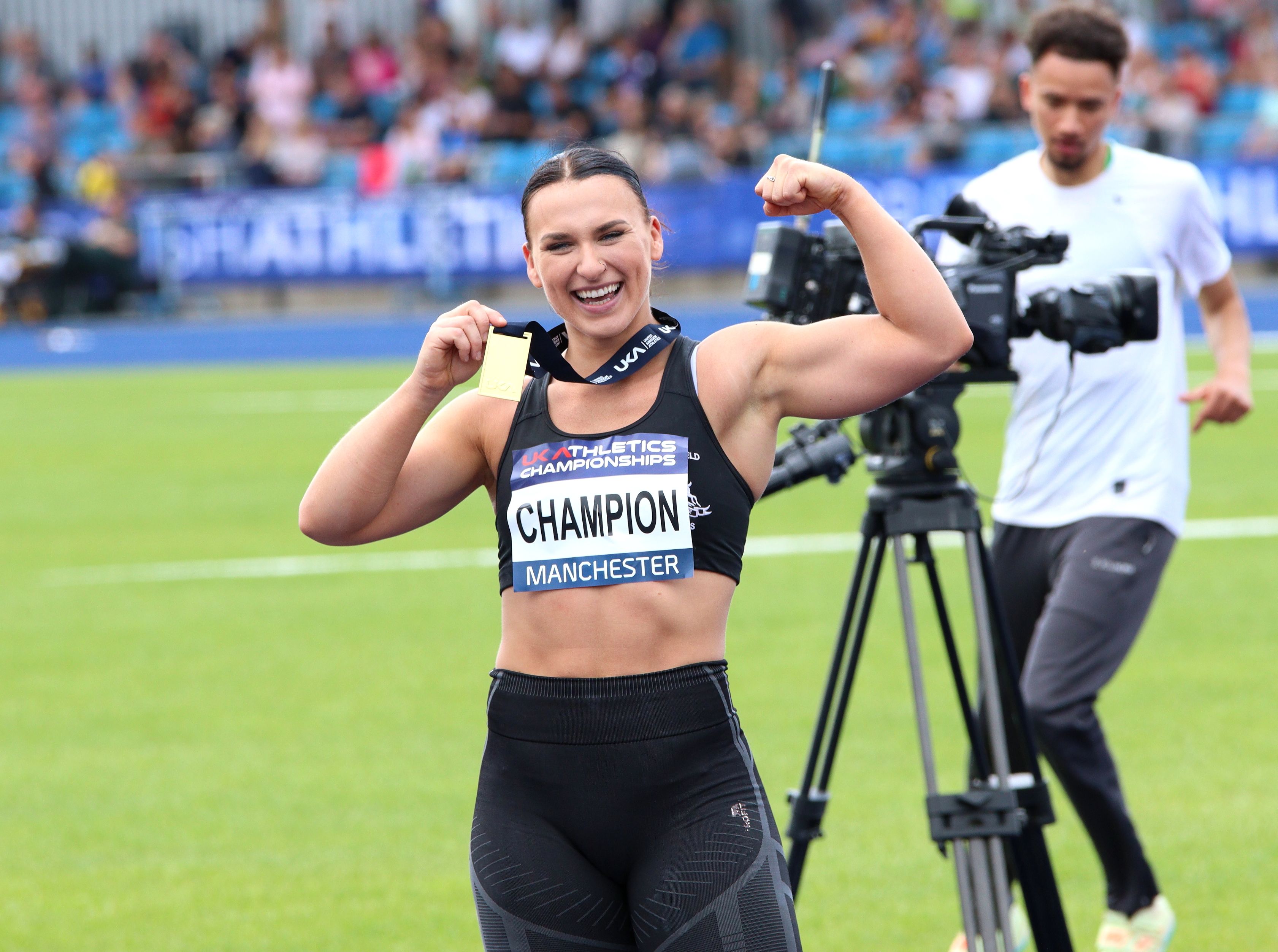 Adele Nicoll celebrating becoming British Shot Put Champion in 2022.